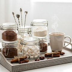 Cozy winter still life of hot cocoa ingredients on tray