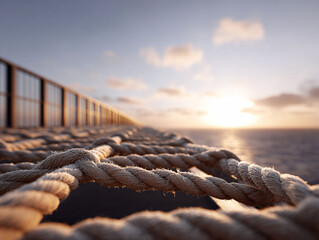 Obraz premium Warm sunset seascape with blurred railing, and a knotted rope foreground. Evokes themes of travel, stability, journeys and the sea. Great for backgrounds and text overlays.