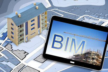 Building Information Modeling (BIM), a new way of architecture designing - concept with a construction site, 3D render of a digital tablet ad imaginary cadastral map