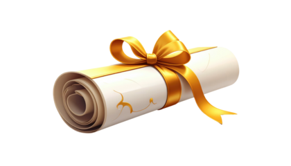 Rolled parchment scroll tied with a golden ribbon, adorned with delicate gold filigree, against a black backdrop