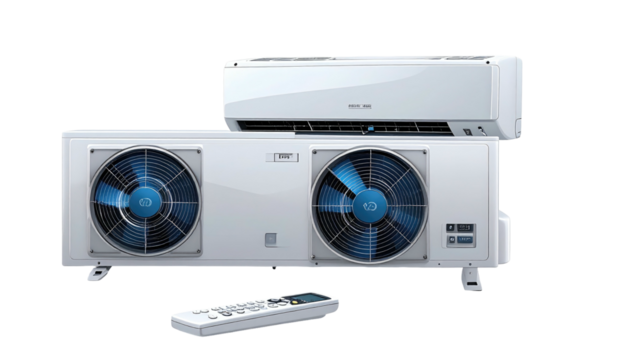 Illustration of two white air conditioners on a black background with a white remote control in the foreground