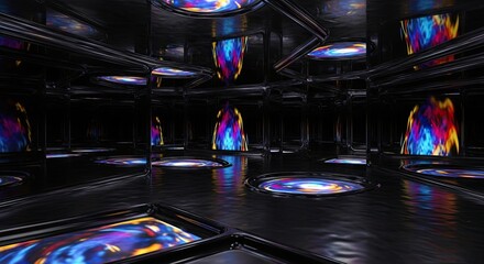 Futuristic Interior with Colorful Light Displays and Reflections.