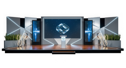 Modern stage with large screen and podium isolated on transparent background