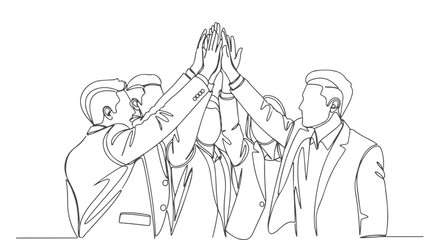 Dynamic one line continuous drawing of a successful business team high-fiving, illustrating unity, collaboration, and shared achievement