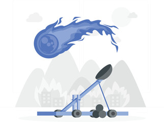 Catapult Launching Fiery Meteorite Over Cityscape with Mountains and Clouds trebuchet siege weapon © Shagor
