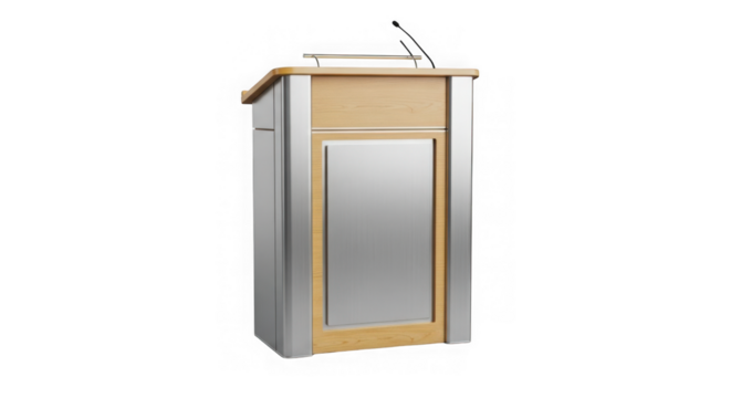 Modern wooden and metal podium isolated on transparent background