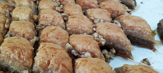 Traditional Turkish dessert; Handmade walnut baklava. Turkish name; cevizli baklava
