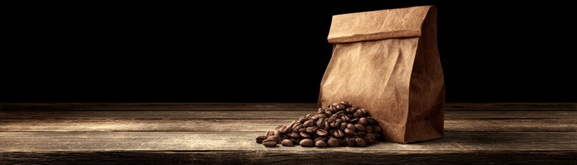 Dark coffee beans spilling from a brown paper bag on a rustic wooden surface with a dark background for beverage and coffee theme