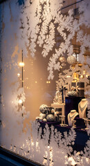 Elegant Jewelry Display with Festive Window Frosting and Gift Boxes
