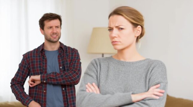 Two arguing. A husband makes excuses to his wife. A woman shrugs shoulders as she doesn't believe in her partner's apologize. A boyfriend explains himself