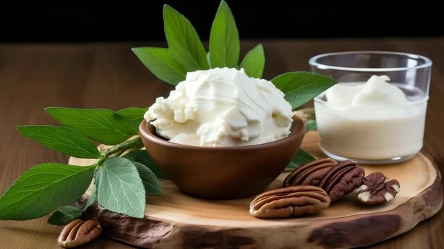 Creamy dessert preparation with fresh pecans and leaves on a rustic wooden platter