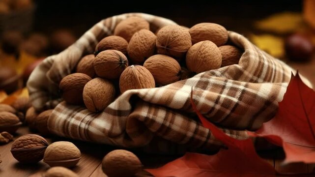 Harvesting walnuts in autumn surrounded by colorful leaves and rustic textures for a cozy autumn experience