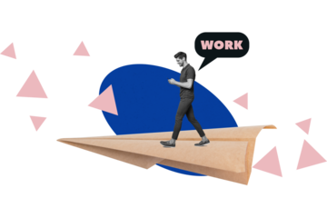 Composite photo collage of happy businessman freelancer walk surf phone notification sms paper plane isolated on painted background