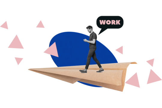 Composite photo collage of happy businessman freelancer walk surf phone notification sms paper plane isolated on painted background