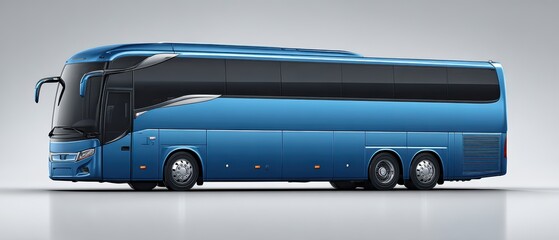 Large modern blue coach bus side view with sleek design and tinted for transportation travel and tourism services