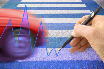 Hand drawing a graph on a red and white pedestrian crossing with car on background
