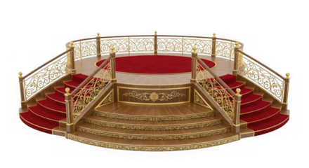 Ornate golden staircase with red carpet isolated on transparent background