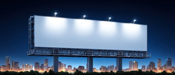 Large empty billboard illuminated at night with city skyline in the background for outdoor advertising and marketing campaigns
