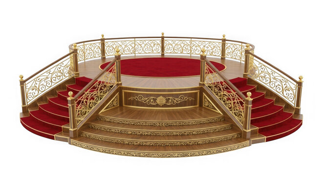 Ornate golden staircase with red carpet isolated on transparent background