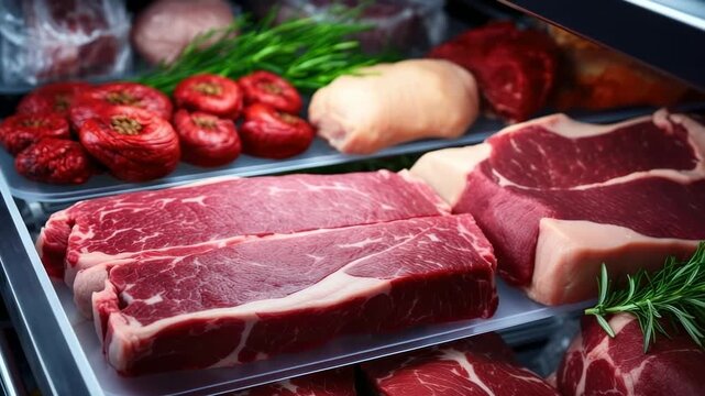Fresh meat display in a butcher shop showcasing various cuts in a well-organized refrigerator