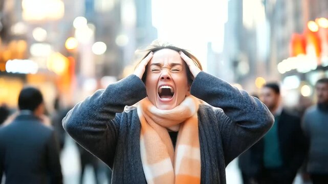 distressed woman experiencing a panic attack in the middle of a busy city street, crouching with hands covering her ears, as people pass by unaware of her suffering 