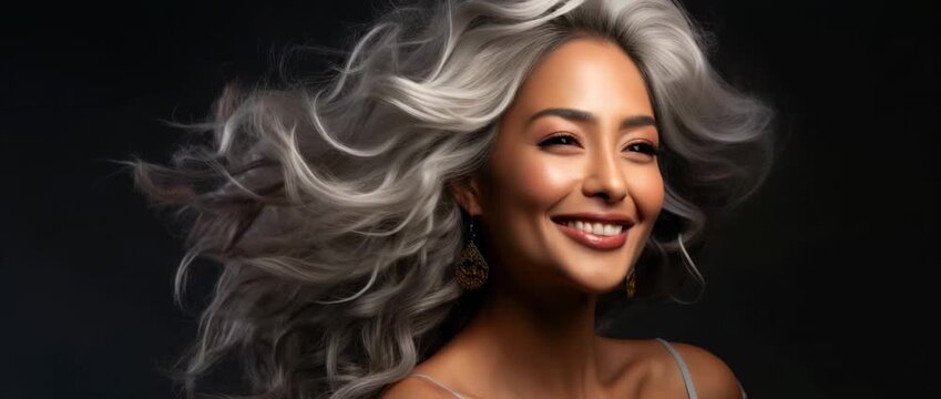 Stunning model with flowing silver hair showcases beauty in a captivating studio setting