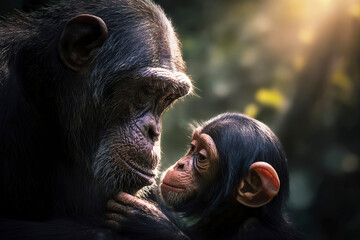 A mother chimpanzee gently grooming her baby, both with calm, content expressions. Deep jungle background, soft sunlight filtering through leaves.