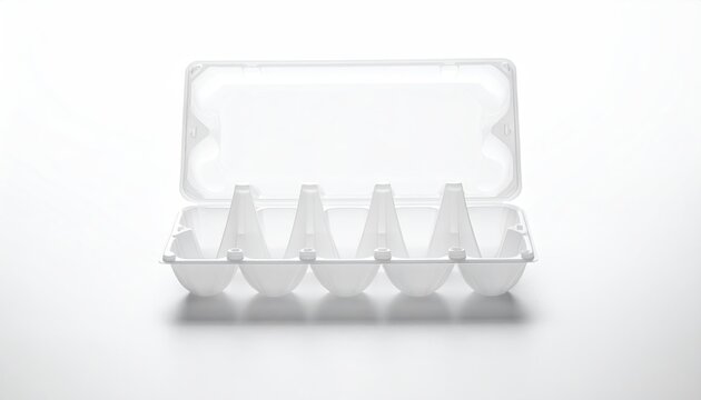 Open, empty, white plastic egg carton with cone dividers