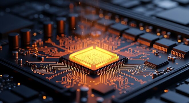 Closeup of a glowing yellow cpu chip on a dark, intricate circuit board with orange light emanating from the processor, symbolizing technology and innovation