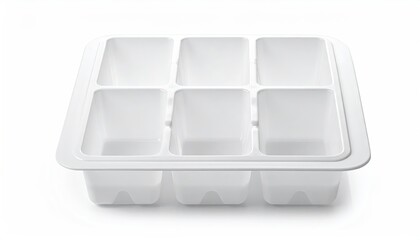 White plastic tray with six square, empty compartments