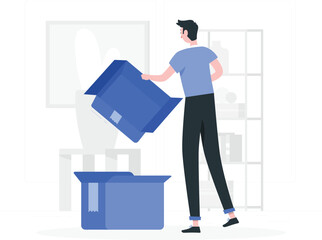 Person assembling a cardboard box in a room Keywords: box, cardboard, packaging, shipping, delivery, logistics, moving, storage, assembly, unpacking, packing, person, man, male, room, furniture