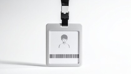 ID badge with portrait, hanging from a black lanyard