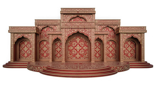 Ornate indian palace facade with arches and steps isolated on transparent background