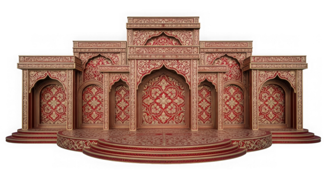 Ornate indian palace facade with arches and steps isolated on transparent background