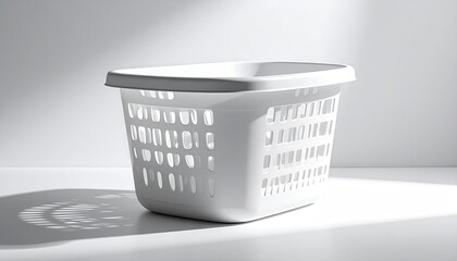 Empty white plastic laundry basket with shadow on white table
