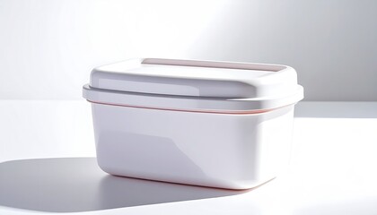 White container with lid casting shadow on table