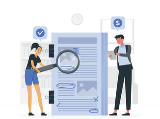 Two people reviewing a document with a magnifying glass and checklist analysis research