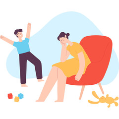 Stressed Mother Watching Energetic Child Play with Toys in a Room with a Blue Abstract Shape and Yellow Dress