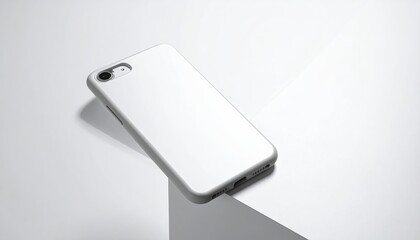 White phone case on geometric white surface, angled light