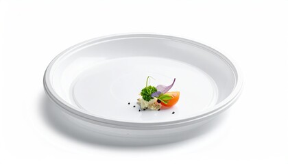 Small food arrangement on a pristine, white, round plate