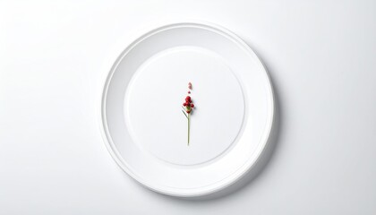 Berries & green stem on white plate, clean minimal art
