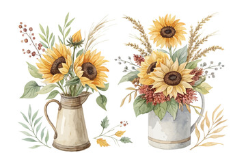 Fototapeta premium Rustic Watercolor Sunflower Arrangement for Posters isolated on white background