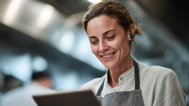 Focused chef in apron smiles while using a tablet in a restaurant kitchen. Represents efficiency, technology, modern business, and culinary success. - Powered by Adobe