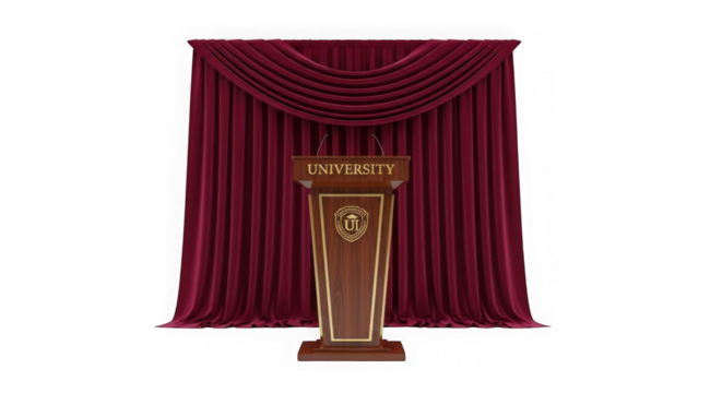 Ornate wooden podium with red velvet curtains isolated on transparent background