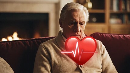 Senior man feeling chest discomfort while sitting on a sofa by the fireplace at home, health awareness and heart risk concept with heartbeat graphic for medical education and caregiving - Powered by Adobe