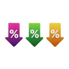 Vibrant downward arrows with percentage signs signal price drops, discounts and sales, perfect for marketing campaigns, promotions and financial reports, showcasing reduced costs