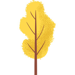 Stylized cartoon tree with bright yellow autumn foliage and brown trunk isolated on transparent...