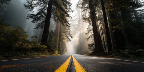 Sun rays through fog over road in forest with redwoods
