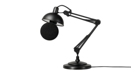 Black articulating microphone boom arm with pop filter stands against a black backdrop