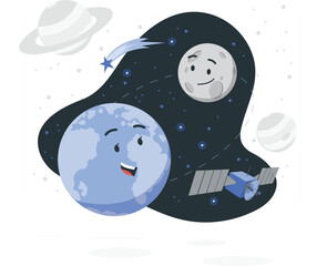 Cartoon Earth Moon Satellite and Planets in Space with Shooting Star Keywords: space, planet, earth, moon, satellite, stars, galaxy, cosmos, universe, astronomy, celestial, solar system, Saturn © Shagor